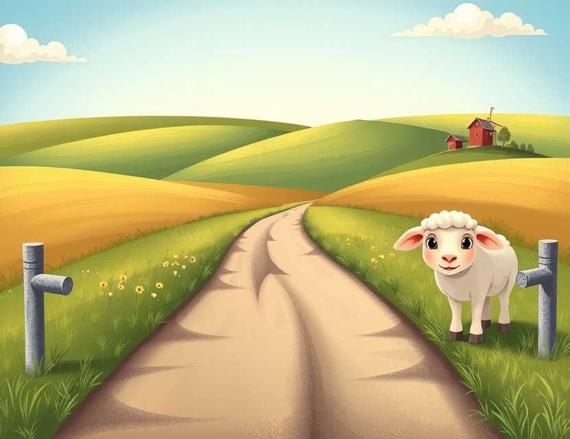 Charming illustration of a lost farm animal wandering a scenic path in the Dutch countryside, evoking a sense of gentle adventure at Playbusid Farm