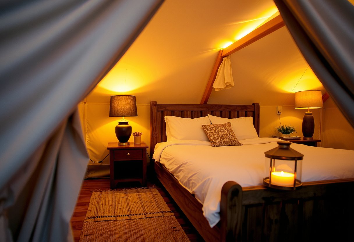Cozy interior of glamping tent with comfortable bedding and natural light