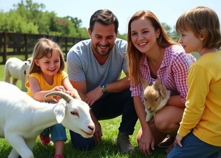 Happy family enjoying petting zoo at Playbusid Farm