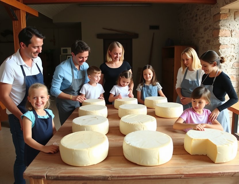Family participating in a cheese making workshop at Playbusid Farm